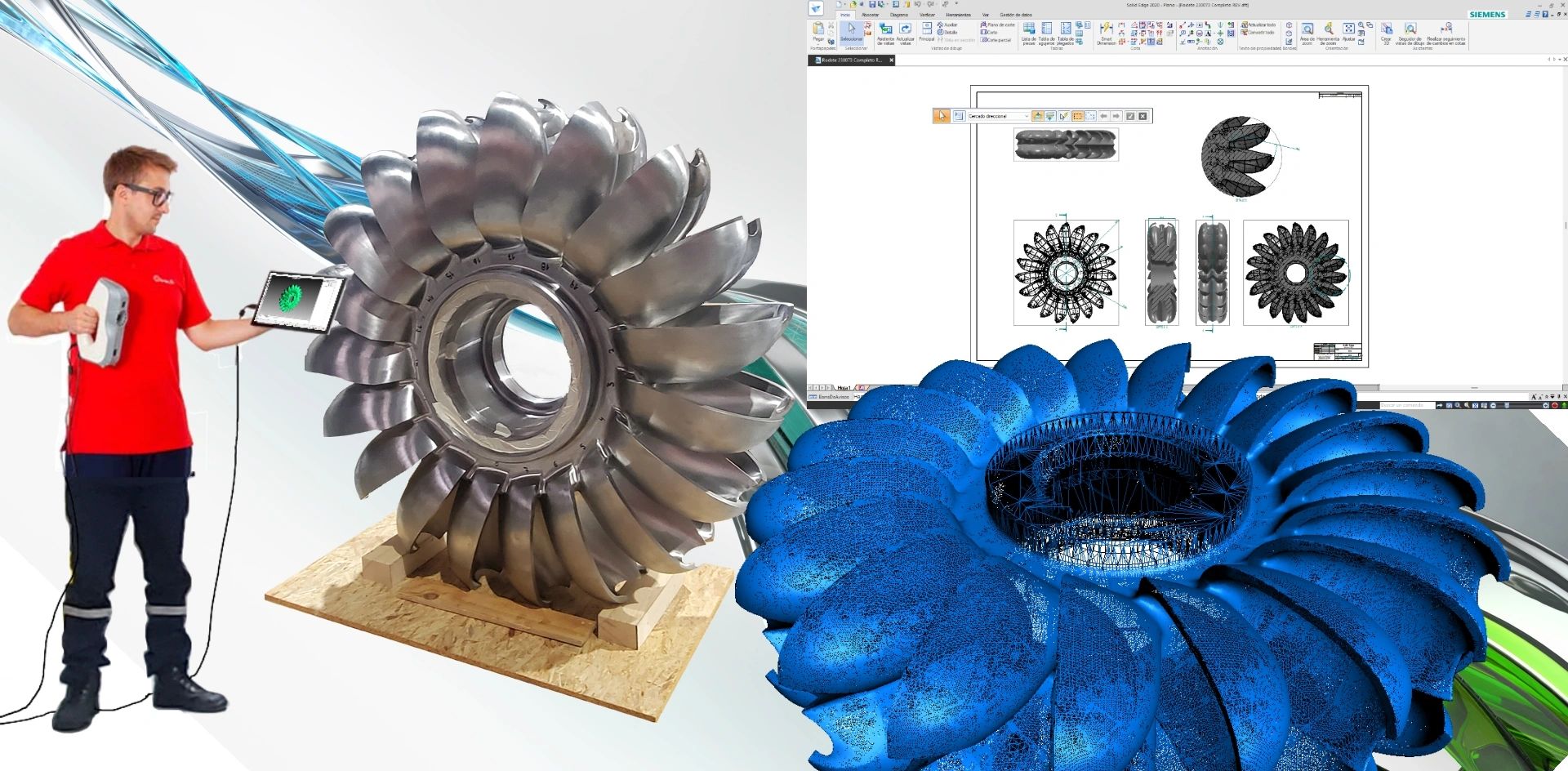 Modelo digital 3D de turbina y componente físico